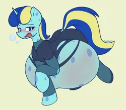 Size: 1318x1153 | Tagged: safe, artist:puetsua, derpibooru import, oc, oc:jester bells, pony, unicorn, belly, belly pox, blushing, female, hyper, inflation, large belly, one hoof raised, simple background, yellow background