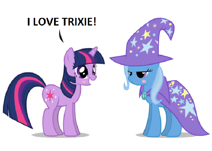 Size: 689x491 | Tagged: safe, artist:mixermike622, derpibooru import, edit, trixie, twilight sparkle, pony, unicorn, blush sticker, blushing, cape, clothes, cropped, dialogue, duo, female, hat, lesbian, mare, shipping, simple background, trixie's cape, trixie's hat, twixie, unicorn twilight, white background