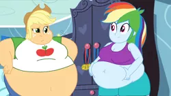 Size: 1024x576 | Tagged: suggestive, artist:jamesawilliams1996, derpibooru import, edit, applejack, rainbow dash, equestria girls, amplejack, applefat, bbw, belly, belly button, belly grab, big belly, big breasts, breasts, busty applejack, busty rainbow dash, clothes, fat, fat edit, huge belly, medal, medals, morbidly obese, obese, rainblob dash, rainbow dash's bedroom, ssbbw, story included, tanktop, wardrobe, weight gain