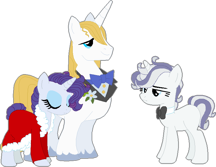 Size: 748x578 | Tagged: safe, artist:klawiee, derpibooru import, prince blueblood, rarity, oc, oc:silk touch, pony, unicorn, alternate hairstyle, base used, blank flank, bowtie, family, female, male, mare, offspring, parent:prince blueblood, parent:rarity, parents:rariblood, rariblood, shipping, simple background, straight, transparent background