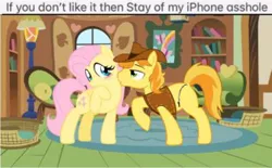 Size: 400x248 | Tagged: safe, artist:jbozik, derpibooru import, braeburn, fluttershy, earth pony, pegasus, pony, braeshy, crack shipping, engrish, female, male, mare, shipping, stallion, straight, vulgar