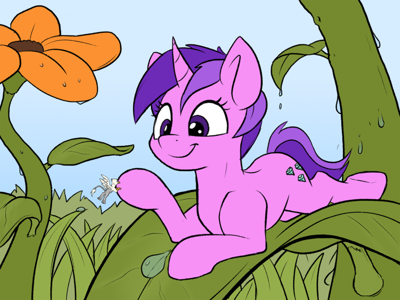 Size: 1646x1234 | Tagged: safe, artist:tinibirb, artist:tsitra360, color edit, derpibooru import, edit, oc, oc:der, oc:tinisparkler, unofficial characters only, gryphon, pony, unicorn, colored, dew, duo, flower, leaves, micro, nano, plant, sketch, water drops