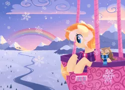 Size: 1538x1100 | Tagged: safe, artist:sonnatora, derpibooru import, oc, unofficial characters only, bird, owl, pony, unicorn, clothes, cloud, field, hot air balloon, mountain, rainbow, river, scarf, scenery, snow, snowfall, solo, winter