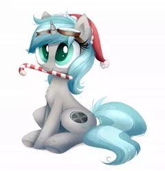 Size: 985x1024 | Tagged: safe, artist:confetticakez, derpibooru import, oc, oc:rym, unofficial characters only, pony, unicorn, candy, candy cane, chest fluff, christmas, clothes, commission, cute, female, festive, fluffy, food, goggles, hat, holiday, mare, mouth hold, ocbetes, santa hat, simple background, sitting, solo, white background, ych example, ych result, your character here
