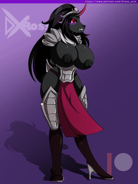 Size: 900x1201 | Tagged: anthro, armor, artist:d-xross, big breasts, breastless clothes, breasts, busty queen umbra, derpibooru import, exposed breasts, huge breasts, king sombra, nipples, nudity, partial nudity, plantigrade anthro, queen umbra, questionable, rule 63, unconvincing armor