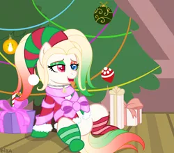 Size: 2500x2200 | Tagged: suggestive, artist:angelina-pax, derpibooru import, oc, oc:har-harley queen, unofficial characters only, earth pony, pony, bedroom eyes, bell, bell collar, bondage, bow, candy, candy cane, christmas, christmas tree, clothes, coat, collar, commission, eyeshadow, featureless crotch, female, food, gift wrapped, hat, heterochromia, holiday, makeup, mare, mismatched socks, open mouth, present, ribbon, snowman, socks, solo, solo female, striped socks, tattoo, tongue out, tree, ych result