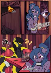 Size: 2893x4092 | Tagged: safe, artist:breioom, derpibooru import, oc, oc:bangtail, oc:jet brasshide, unofficial characters only, dracony, dragon, hybrid, pegasus, pony, comic:exception to the rule, alcohol, comic, duo, piercing, racism