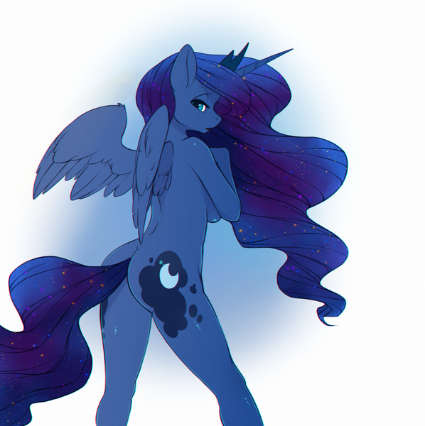 Size: 3826x3840 | Tagged: alicorn, anthro, artist:vistamage, ass, breasts, butt, chromatic aberration, covering, derpibooru import, edit, female, lidded eyes, looking at you, looking back, looking back at you, looking over shoulder, mare, nudity, princess luna, rear view, solo, solo female, suggestive