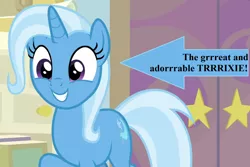 Size: 1386x924 | Tagged: arrow, captain obvious, cropped, cute, derpibooru import, diatrixes, edit, edited screencap, safe, school of friendship, screencap, solo, student counsel, text, trixie