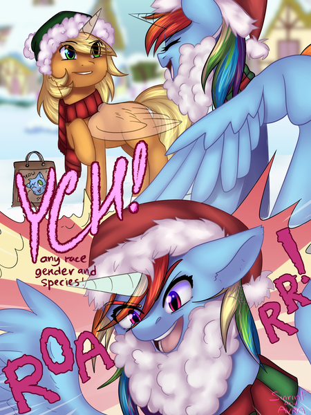 Size: 1500x2000 | Tagged: safe, artist:avrameow, artist:flysouldragon, derpibooru import, applejack, rainbow dash, pony, advertisement, clothes, collaboration, comic, commission, fake beard, female, roar, santa beard, scarf, snow, winter, your character here