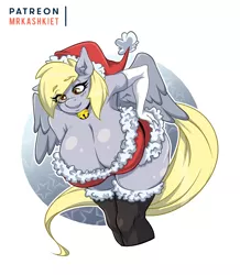 Size: 1045x1200 | Tagged: suggestive, artist:mrkashkiet, artist:mrkashkietnsfw, derpibooru import, derpy hooves, anthro, pegasus, armpits, bedroom eyes, big breasts, breasts, busty derpy hooves, christmas, cleavage, clothes, costume, evening gloves, eye clipping through hair, female, gloves, hat, holiday, huge breasts, image, long gloves, patreon, patreon logo, png, santa costume, santa hat, smiling, socks, solo, solo female, strapless, thigh highs