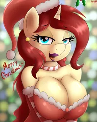 Size: 2780x3500 | Tagged: suggestive, artist:an-tonio, derpibooru import, oc, oc:golden brooch, anthro, unicorn, bedroom eyes, big breasts, breasts, busty golden brooch, christmas, christmas stocking, cleavage, clothes, evening gloves, female, gloves, hat, holiday, holly, lipstick, long gloves, milf, santa hat, solo, solo female