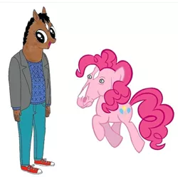 Size: 1080x1072 | Tagged: artist needed, source needed, useless source url, safe, derpibooru import, pinkie pie, ponified, anthro, earth pony, horse, pony, anthro with ponies, bojack horseman, colored, crossover, cursed image, duo, face swap, faic, female, happy, head swap, hoers, horse face, looking back, majestic as fuck, mare, nightmare fuel, no seriously what, not salmon, open mouth, raised hoof, simple background, smiling, trotting, wat, what has science done, white background, wide eyes