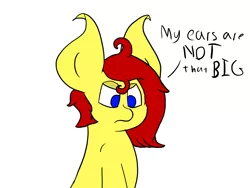 Size: 1600x1200 | Tagged: safe, artist:gamer-shy, derpibooru import, oc, oc:gamershy yellowstar, unofficial characters only, pony, angry, big ears, blatant lies, dialogue, hooked ears, messy mane, simple background, solo, white background