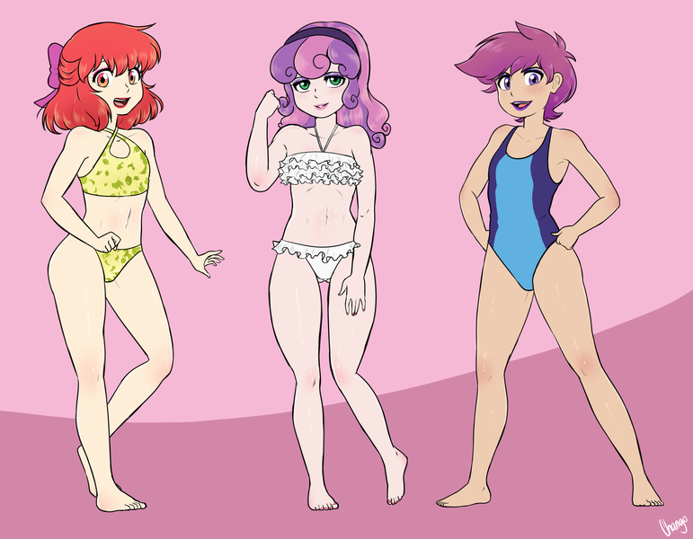 Size: 4500x3500 | Tagged: alternate hairstyle, alternate version, apple bloom, artist:chango-tan, barefoot, belly button, bikini, breasts, clothes, cutie mark crusaders, delicious flat chest, derpibooru import, eyeshadow, feet, grin, human, humanized, lidded eyes, lipstick, looking at you, makeup, midriff, nail polish, older, one-piece swimsuit, open mouth, pink background, scootaloo, simple background, smiling, sports swimsuit, suggestive, sweetie belle, swimsuit, toenail polish, toned