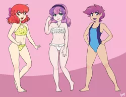 Size: 4500x3500 | Tagged: suggestive, alternate version, artist:chango-tan, derpibooru import, apple bloom, scootaloo, sweetie belle, human, alternate hairstyle, barefoot, belly button, bikini, breasts, clothes, cutie mark crusaders, delicious flat chest, eyeshadow, feet, grin, humanized, image, leotard, lidded eyes, lipstick, looking at you, makeup, midriff, nail polish, older, one-piece swimsuit, open mouth, panties, pink background, png, simple background, smiling, sports swimsuit, swimsuit, thong, thong leotard, thong swimsuit, toenail polish, toned, underwear