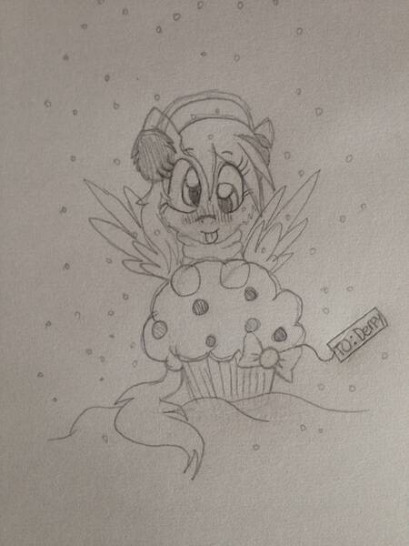 Size: 774x1033 | Tagged: safe, artist:ilikepudding24, derpibooru import, derpy hooves, clothes, earmuffs, food, giant food, how, monochrome, muffin, pencil drawing, scarf, snow, snowfall, solo, tongue out, traditional art