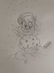 Size: 774x1033 | Tagged: safe, artist:ilikepudding24, derpibooru import, derpy hooves, clothes, earmuffs, food, giant food, how, monochrome, muffin, pencil drawing, scarf, snow, snowfall, solo, tongue out, traditional art