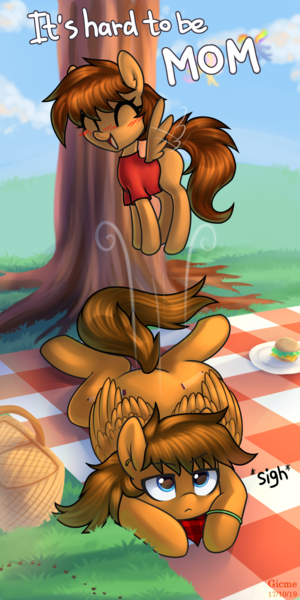 Size: 2000x4000 | Tagged: safe, artist:gicme, derpibooru import, oc, pegasus, pony, basket, commission, duo, female, filly, mare, picnic basket, picnic blanket, sigh, tree, unamused, ych result