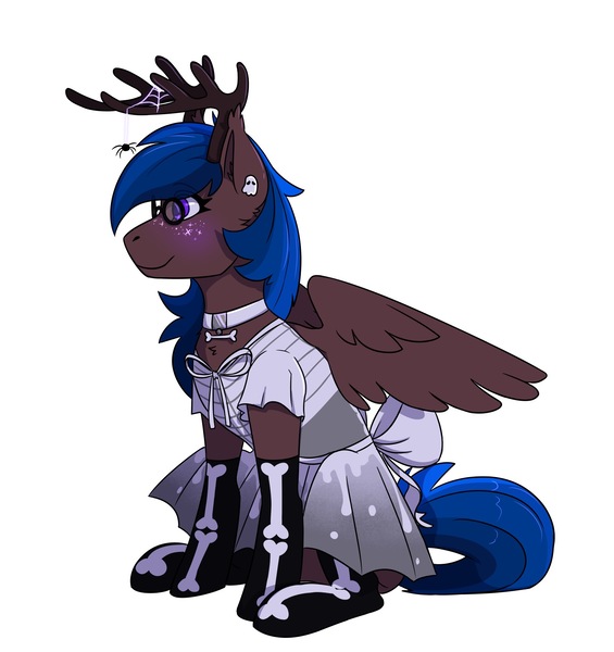 Size: 1600x1700 | Tagged: safe, artist:dragonfrootii, derpibooru import, oc, oc:kistile glow, pegasus, pony, antlers, clothes, collar, costume, crossdressing, femboy, glasses, male, reindeer antlers, simple background, skeleton costume, skirt, socks, solo, white background