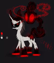 Size: 1200x1385 | Tagged: safe, artist:didun850, derpibooru import, oc, oc:fake, unofficial characters only, pony, shadow pony, unicorn, black sclera, dark background, glowing eyes, grin, horn, possessed, reference sheet, smiling, solo, sombra eyes, unicorn oc, unshorn fetlocks