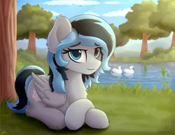 Size: 2521x1950 | Tagged: safe, artist:av-4, artist:avastin4, derpibooru import, oc, oc:luny, unofficial characters only, bird, pegasus, pony, female, looking at you, pond, prone, scenery, solo, tree
