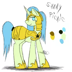 Size: 547x545 | Tagged: safe, artist:didun850, derpibooru import, oc, oc:sunny picnic, unofficial characters only, pony, unicorn, armor, female, helmet, hoof shoes, horn, mare, reference sheet, signature, simple background, smiling, solo, unicorn oc, white background