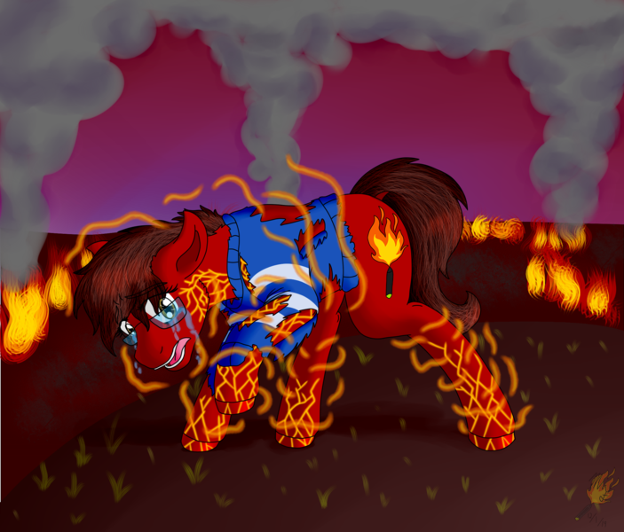 Size: 2008x1713 | Tagged: safe, artist:midnightfire1222, derpibooru import, oc, oc:midnight fire, earth pony, pony, burning, burning ba, crying, fire, losing control, smoke, solo