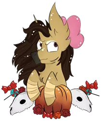 Size: 789x930 | Tagged: safe, artist:hunterthewastelander, derpibooru import, oc, oc:warcry, unofficial characters only, pony, unicorn, candy, chest fluff, commission, ear fluff, female, flower, food, horn, impossibly large ears, mare, pumpkin, simple background, skull, solo, transparent background, unicorn oc, ych result