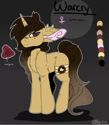 Size: 528x608 | Tagged: safe, artist:fluffideer, derpibooru import, oc, oc:warcry, unofficial characters only, pony, unicorn, ear piercing, female, hair over one eye, horn, mare, piercing, reference sheet, solo, unicorn oc