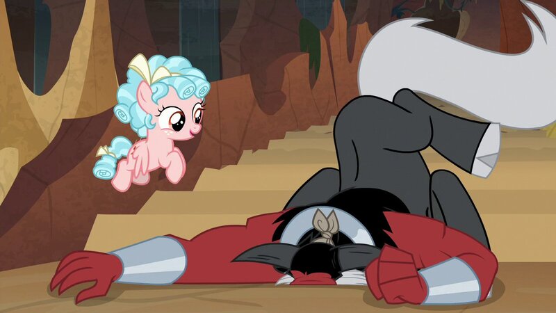 Size: 1280x720 | Tagged: safe, derpibooru import, screencap, cozy glow, lord tirek, centaur, pegasus, pony, frenemies (episode), better way to be bad, bow, butt, clenched fist, cloven hooves, colored hooves, curly hair, cute, duo, evil lair, face down ass up, faceplant, female, filly, flapping, flying, foal, for all this pain and torture i swear you'll pay, freckles, grogar's lair, hair bow, horns, lair, male, muscles, plot, silly, silly centaur, singing, smiling, spread wings, tail bow, tirebetes, tirump, wings