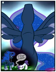 Size: 3500x4500 | Tagged: safe, artist:becauseimpink, derpibooru import, princess luna, rarity, alicorn, pony, comic:transition, bowing, comic, elusive, ethereal mane, flying, hoof shoes, looking down, male, prince artemis, raised hoof, rule 63, speech, stallion, starry mane, talking, transgender