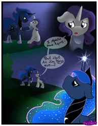 Size: 3500x4500 | Tagged: safe, artist:becauseimpink, derpibooru import, princess luna, rarity, alicorn, pony, unicorn, comic:transition, comic, elusive, ethereal mane, hoof shoes, jewelry, looking up, male, night, prince artemis, raised hoof, rule 63, speech, stallion, starry mane, stars, talking, tiara, transgender