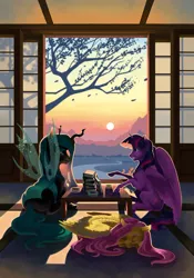 Size: 748x1069 | Tagged: dead source, safe, artist:skyaircobra, derpibooru import, fluttershy, queen chrysalis, twilight sparkle, twilight sparkle (alicorn), alicorn, changeling, changeling queen, pegasus, pony, a better ending for chrysalis, backlit, book, female, image, jpeg, mare, river, sleeping, sliding doors, sun, sunset, table, tatami mat, tree