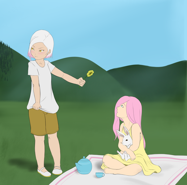 Size: 3003x2982 | Tagged: animal, artist:eve-ashgrove, barefoot, child, cute, derpibooru import, feet, female, flower, fluttershy, gilda, gildadorable, gildashy, gildere, human, humanized, lesbian, rabbit, safe, shipping, shyabetes, teapot, tea set, tsundere, younger