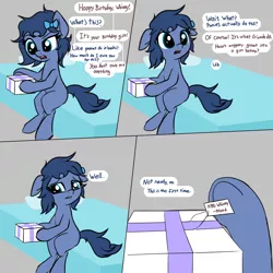 Size: 4096x4096 | Tagged: safe, artist:wenni, derpibooru import, oc, oc:whinny, unofficial characters only, earth pony, pony, bed, birthday, birthday gift, bittersweet, blank flank, bow, box, comic, dialogue, feels, female, hair bow, mare, open mouth, sad, sitting, solo, underhoof