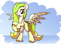 Size: 3148x2292 | Tagged: safe, artist:wenni, derpibooru import, oc, oc:lemony light, unofficial characters only, pegasus, pony, female, looking at you, mare, open mouth, rearing, simple background, smiling, solo, unshorn fetlocks, wings