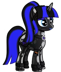 Size: 821x973 | Tagged: suggestive, artist:severity-gray, derpibooru import, oc, oc:coldlight bluestar, unofficial characters only, pony, unicorn, bdsm, bodysuit, collar, cuffs, cutie mark collar, female, femdom, fetish, flag, gimp suit, humiliation, latex, latex suit, lipstick, makeup, mare, ponytail, rubber, simple background, solo, submissive, transparent background, vector