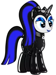 Size: 773x1033 | Tagged: safe, artist:severity-gray, derpibooru import, oc, oc:coldlight bluestar, unofficial characters only, pony, unicorn, bdsm, bodysuit, boots, clothes, collar, cutie mark collar, dominatrix, hood, latex, latex boots, latex suit, lipstick, makeup, ponytail, rubber, shine, shiny, shoes, simple background, transparent background, vector