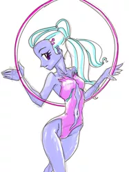 Size: 727x970 | Tagged: suggestive, artist:dadss_rootbeer, derpibooru import, sugarcoat, equestria girls, belly button, breasts, busty sugarcoat, clothes, gymnast, hoop, jewelry, leotard, looking at you, rhythmic gymnastics, ring, simple background, skinny, solo, white background