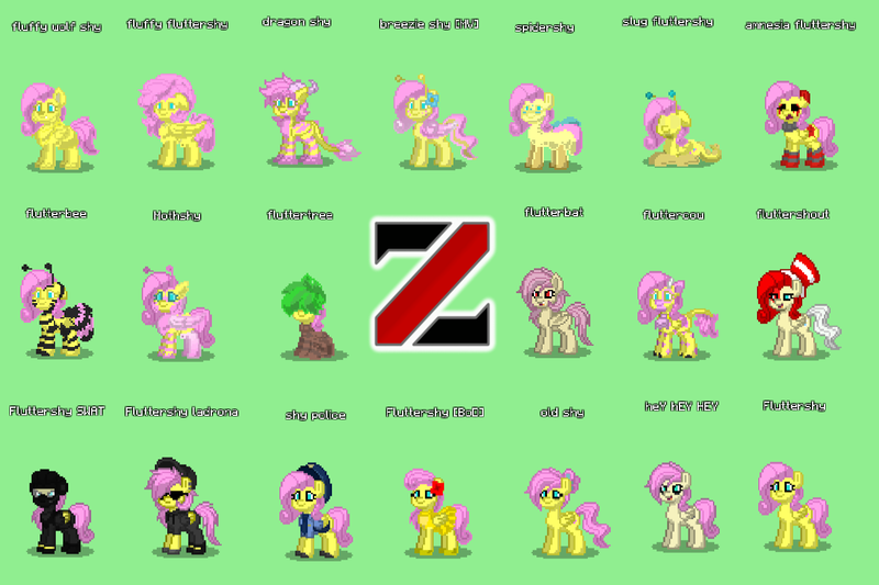 Size: 1340x892 | Tagged: safe, derpibooru import, fluttershy, bat pony, breezie, dragon, monster pony, original species, pegasus, pony, slug, spider, spiderpony, wolf, .mov, elements of insanity, fanfic:bride of discord, pony town, shed.mov, dragonshy, amnesiashy, animal costume, bat ponified, bee costume, clothes, costume, fluffy, flutterbat, flutterbee, fluttercow, fluttershed, fluttershout, fluttertree, green background, older, older fluttershy, police, pony.mov, race swap, simple background, species swap, spidershy, swat, tree