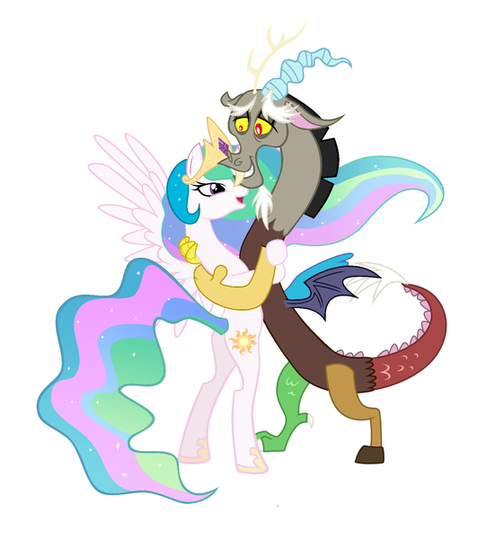 Size: 1384x1508 | Tagged: safe, derpibooru import, edit, editor:proto29, discord, princess celestia, alicorn, draconequus, pony, dislestia, female, male, shipping, simple background, straight, white background