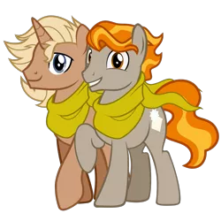 Size: 1134x1134 | Tagged: safe, derpibooru import, oc, oc:cobbler, oc:flash paper, earth pony, pony, unicorn, 2020 community collab, derpibooru community collaboration, .svg available, base used, clothes, duo, looking at you, male, scarf, shared clothing, shared scarf, show accurate, simple background, smiling, stallion, svg, transparent background, vector