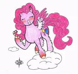 Size: 921x868 | Tagged: safe, artist:assertiveshypony, derpibooru import, pinkie pie, pegasus, pony, leak, spoiler:g5, candy, cloud, colored wings, drawing, flying, food, g5, on a cloud, pegasus pinkie pie, pinkie pie (g5), race swap, simple background, smiling, wings