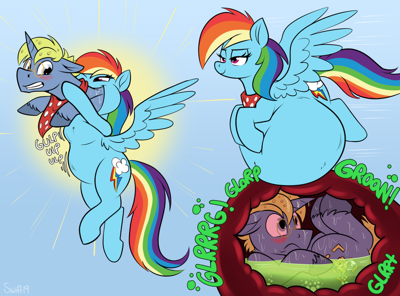 Size: 1750x1294 | Tagged: questionable, artist:swiftsketchpone, derpibooru import, rainbow dash, oc, pegasus, pony, unicorn, belly, big belly, blushing, comic, drool, female, fetish, floppy ears, flying, glasses, huge belly, impossibly large belly, internal, male, mare, preddash, soft vore, stallion, stomach acid, stomach noise, swallowing, throat bulge, vore