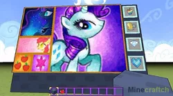 Size: 640x359 | Tagged: safe, derpibooru import, apple bloom, applejack, princess luna, rarity, twilight sparkle, alicorn, pony, unicorn, apple, build, cutie mark, eyes closed, female, food, graffiti, heart, mare, minecraft, pixel art, zap apple