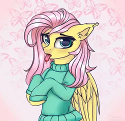 Size: 2400x2320 | Tagged: safe, artist:lakunae, derpibooru import, fluttershy, bat pony, pegasus, pony, vampire, bat ponified, blood, cheek fluff, clothes, cute, ear fluff, female, flutterbat, mare, race swap, shyabates, shyabetes, simple background, solo, sweater, sweatershy, tongue out