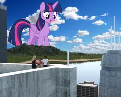 Size: 2600x2080 | Tagged: safe, artist:andoanimalia, artist:theotterpony, derpibooru import, twilight sparkle, twilight sparkle (alicorn), alicorn, human, pony, 3d, 3d model, city, giant pony, high res, highrise ponies, macro, ocean, open mouth, people, sand