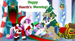 Size: 1210x660 | Tagged: artist needed, safe, derpibooru import, princess cadance, princess flurry heart, shining armor, alicorn, deer, pony, reindeer, unicorn, animal costume, antlers, baby, baby pony, bell, candy, candy cane, christmas, christmas tree, clothes, costume, crystal empire, cute, elf hat, fake beard, female, flurrybetes, food, happy hearth's warming, hat, hearth's warming, hearth's warming tree, holiday, horn, jingle bells, male, mare, merry christmas, present, red nose, reindeer antlers, reindeer costume, rudolph the red nosed reindeer, santa beard, santa claus, santa costume, santa hat, santa hooves, sleigh, stallion, tree, wreath