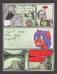 Size: 2502x3260 | Tagged: safe, artist:oatmeal155, derpibooru import, oc, oc:cinnamon oats, oc:lotus dew, unofficial characters only, earth pony, pony, unicorn, comic:oat.meal, comic, dialogue, ever emerald manor, magic, magic aura, traditional art